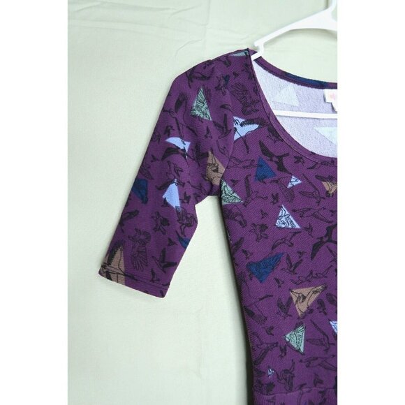 LuLaRoe Nicole Dress Fit Flare Purple Bird Patterned Stretch Scoop Neck Size XXS - Picture 2 of 12